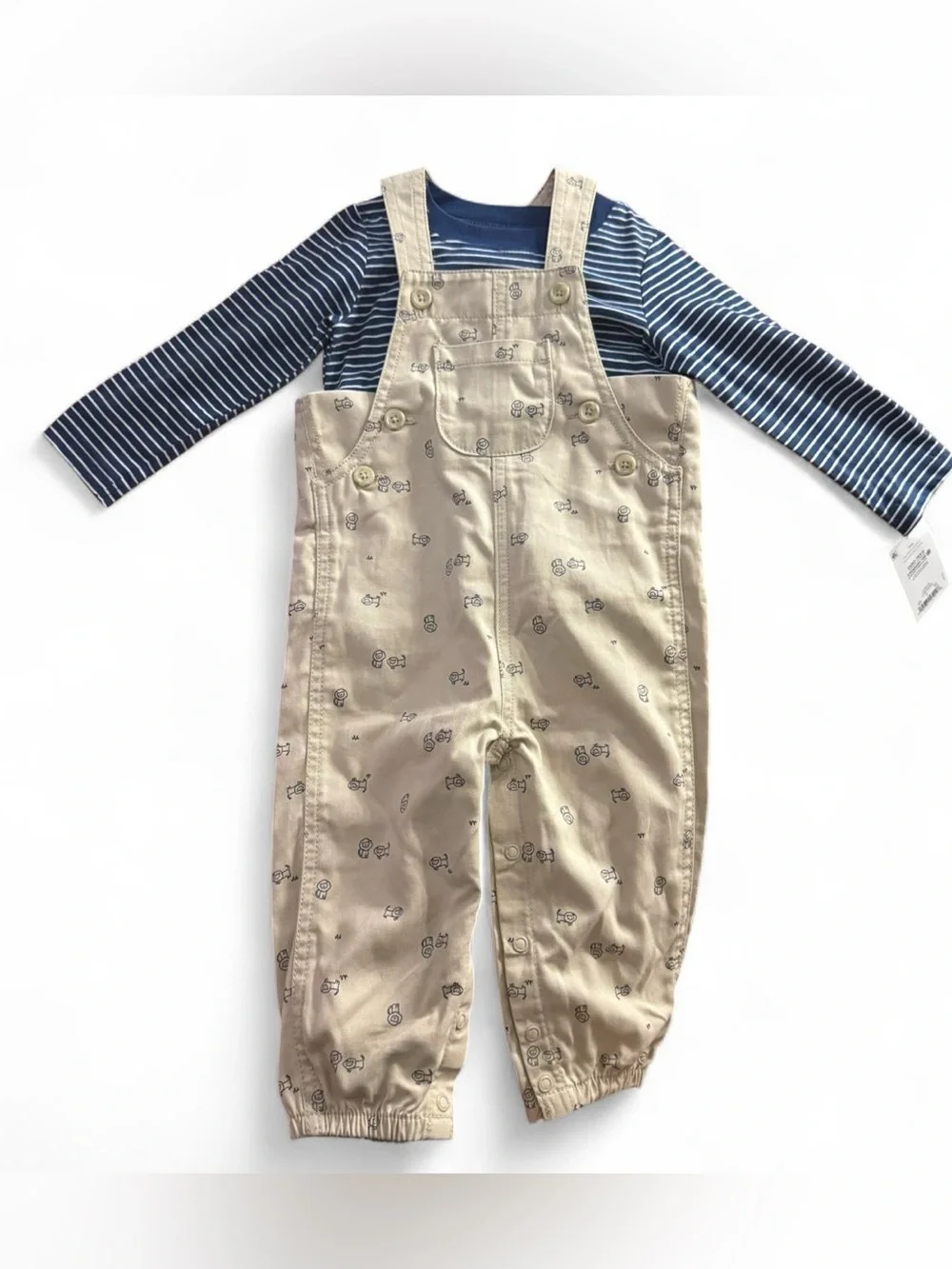12 Months Beige Printed Cats Overalls W Striped Blue long sleeve